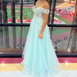 JVN by Jovani Light Blue Off-Shoulder Prom Dress